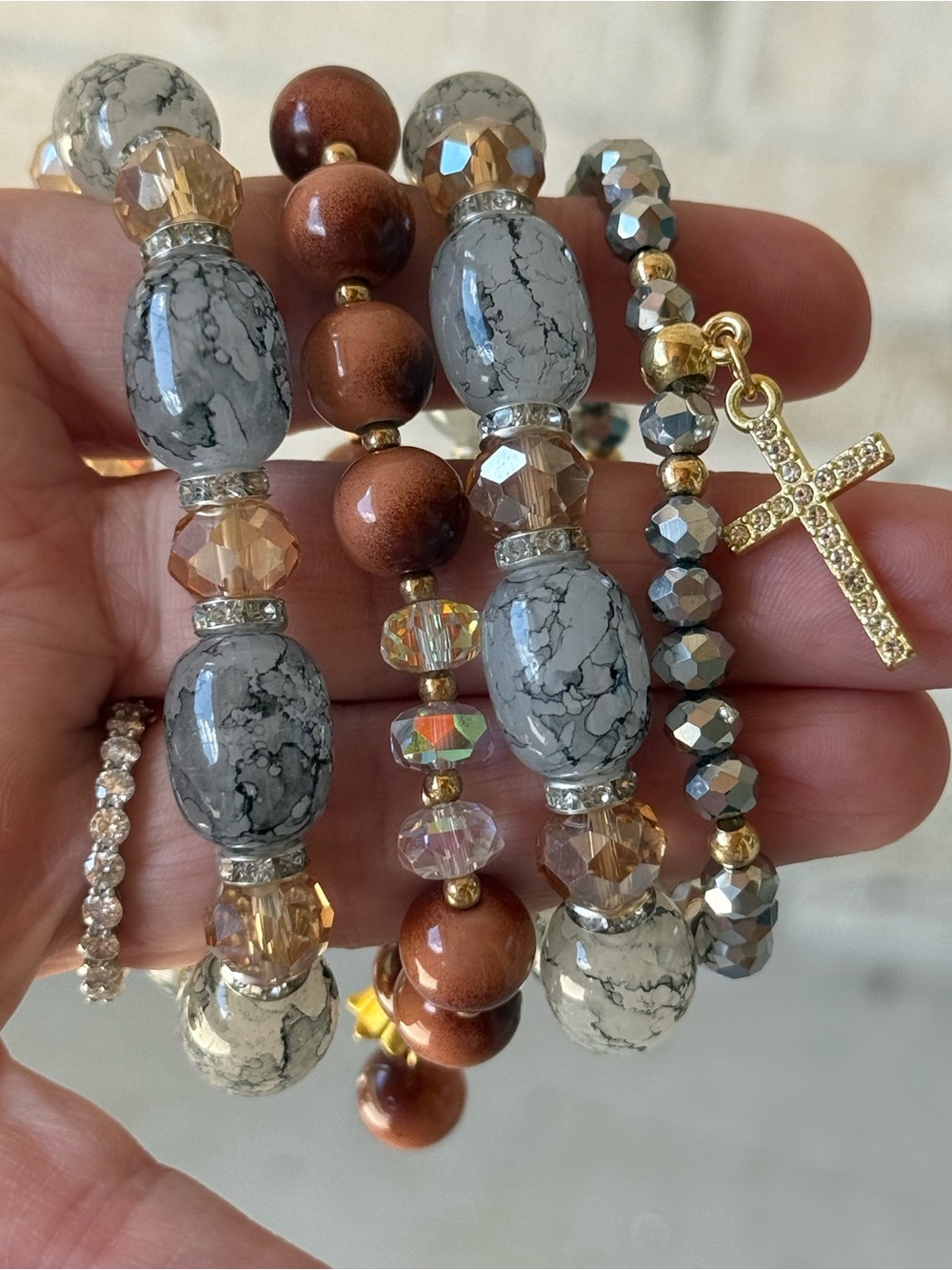 Mixed Stone Stretch Bracelet Set (4) - Brown and Gray